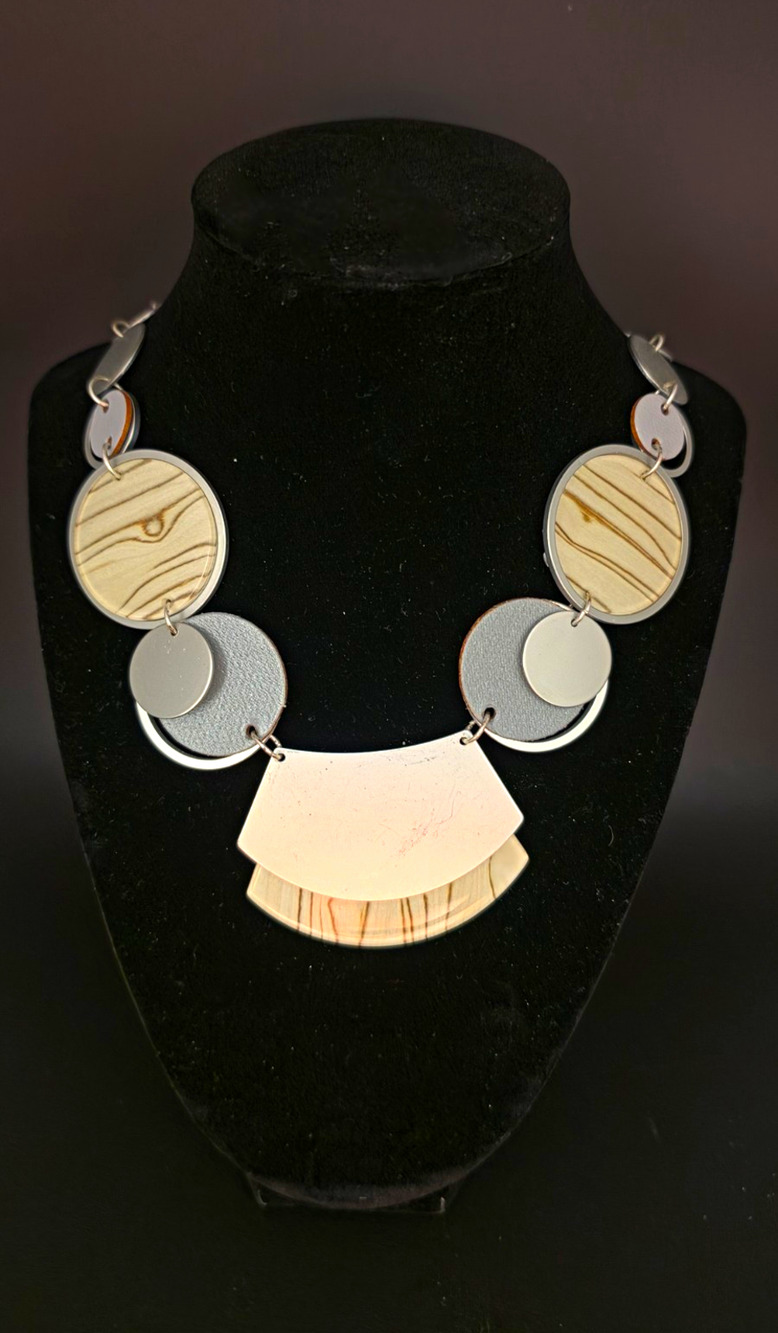 Modern Art Geometric Statement Necklace Wood Grain & Gray Discs Mixed Media Boho